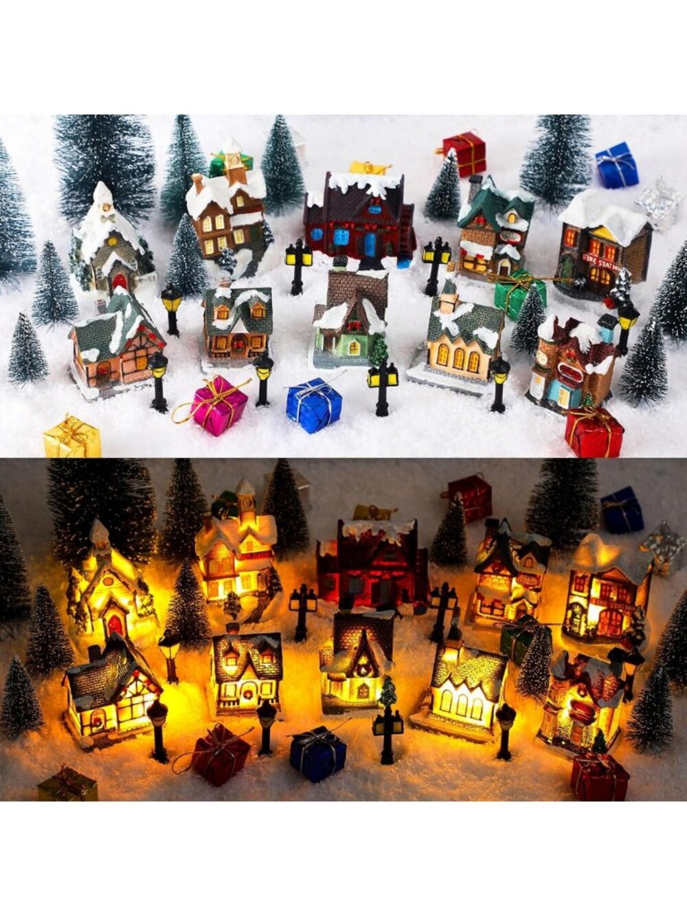 48 Pcs Christmas Village Set with Lights, Miniature Trees & Holiday Decor